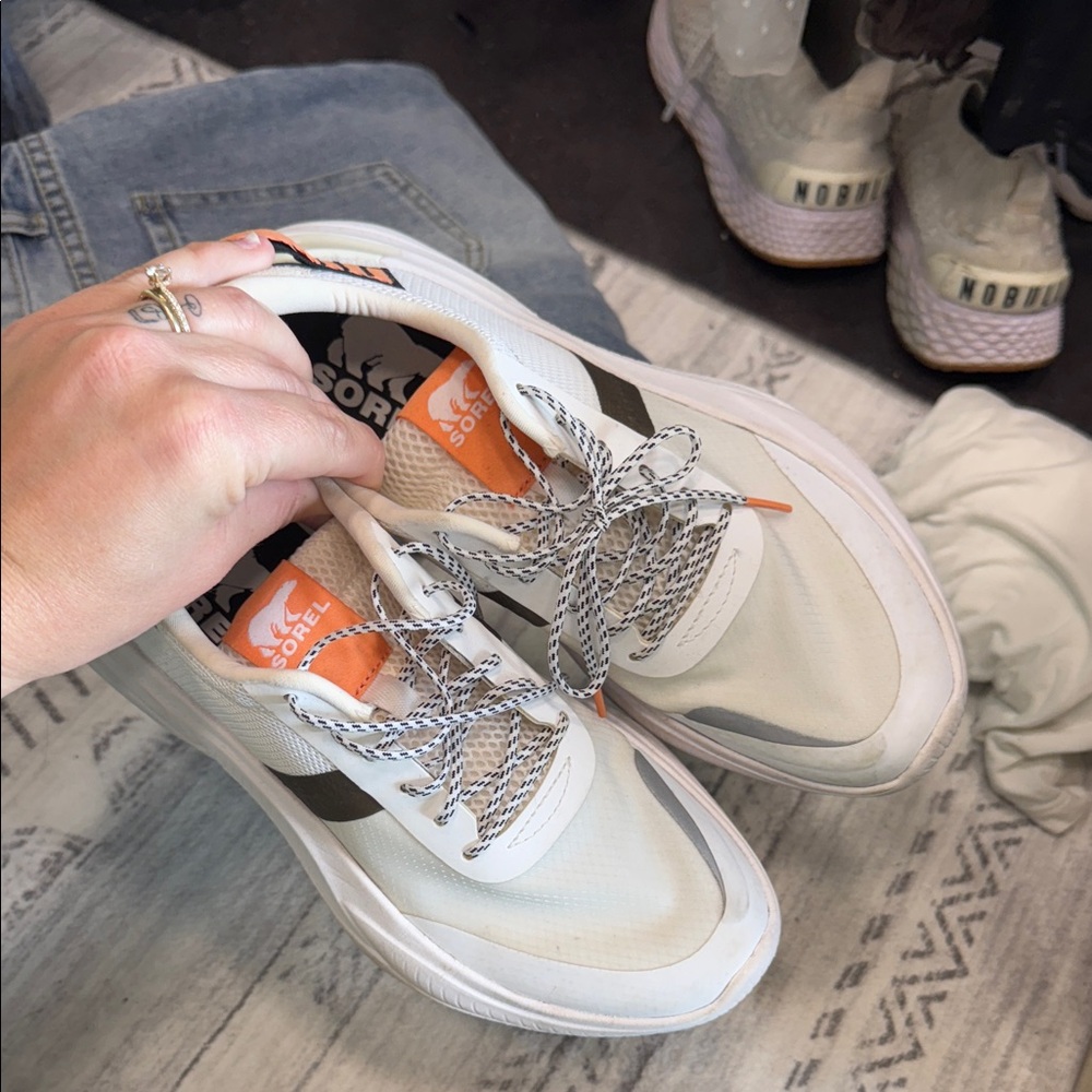 Sorel White and Black Athletic Shoes with Orange Detail